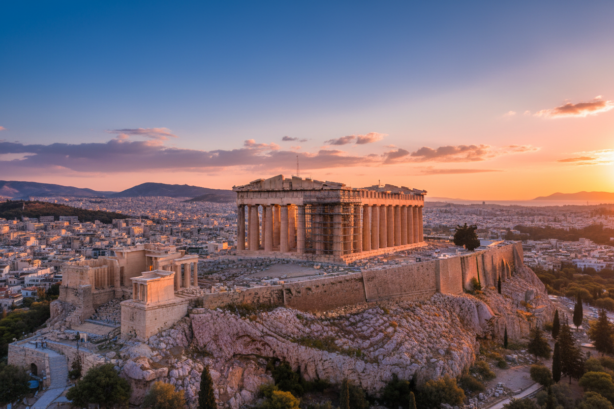 Athens in sunset but with dominant structure and blue sky