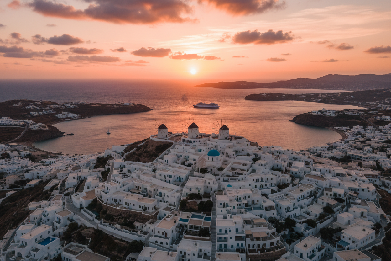 make mykonos more dominant and drone view of this place
