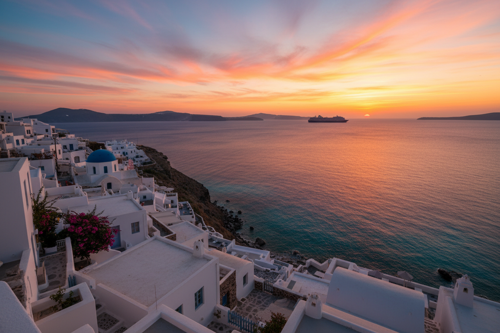 Mykonos with cruise at the horizon with sunset colours, but can still can see blue of the sea